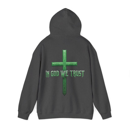 Sheltered in His Strength – Women’s “In God We Trust” Christian Hoodie with Cross