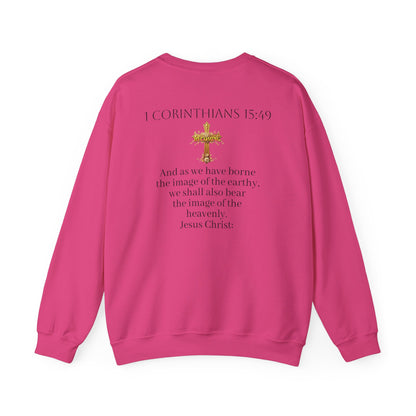 Becoming Women’s Faith Sweatshirt – Dark Lettering (1 Corinthians 15:49)