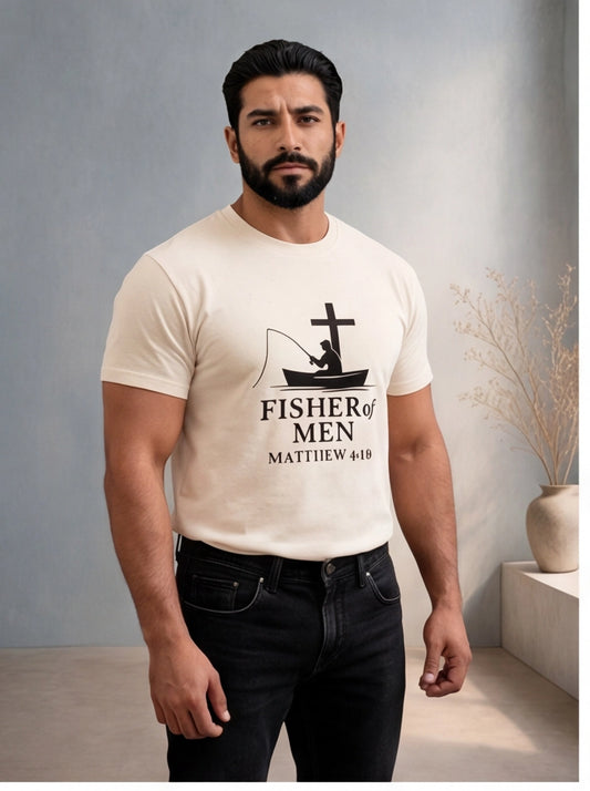 Man wearing a white t-shirt with a graphic design and text, standing against a neutral background.