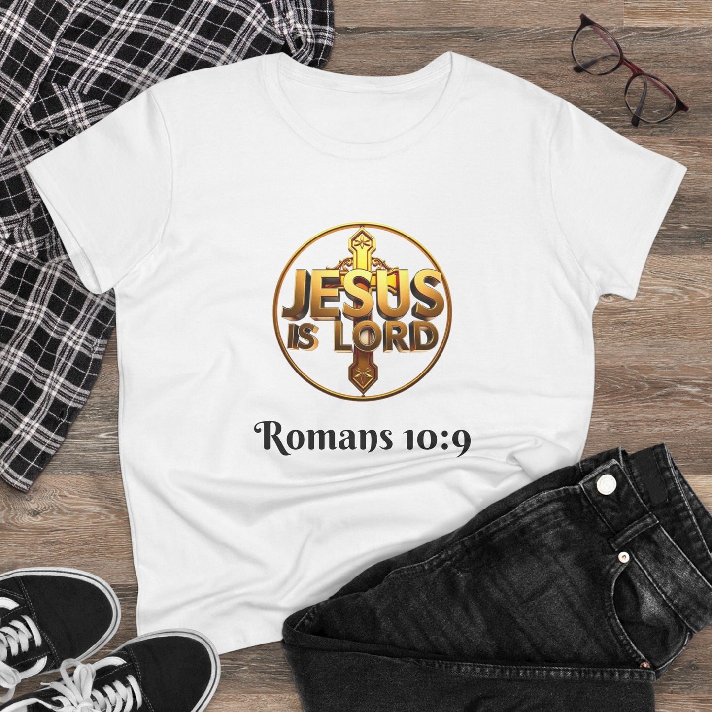 Women’s Romans 10:9 Christian T-Shirt – Jesus Is Lord & He Is Risen (Dark Lettering)