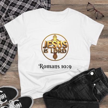Women’s Romans 10:9 Christian T-Shirt – Jesus Is Lord & He Is Risen (Dark Lettering)