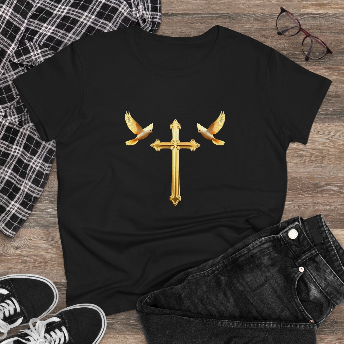 Flight of Grace – Gold Cross & Doves Tee