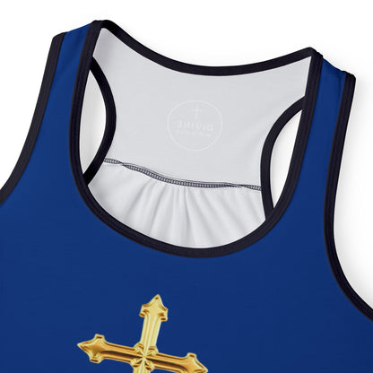 Gold Cross Women’s Christian Tank Top in Blue – Symbol of Eternal Victory