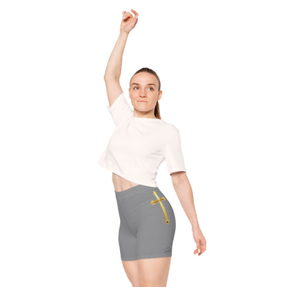 Gold Cross Women’s Biking Shorts in Grey – Symbol of Eternal Victory