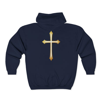 Men’s Modern Gold Cross Zip-Up Hoodie – Everyday Comfort with Faith