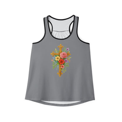 Floral Cross Women’s Christian Tank Top in Grey – Beauty in the Power of the Cross