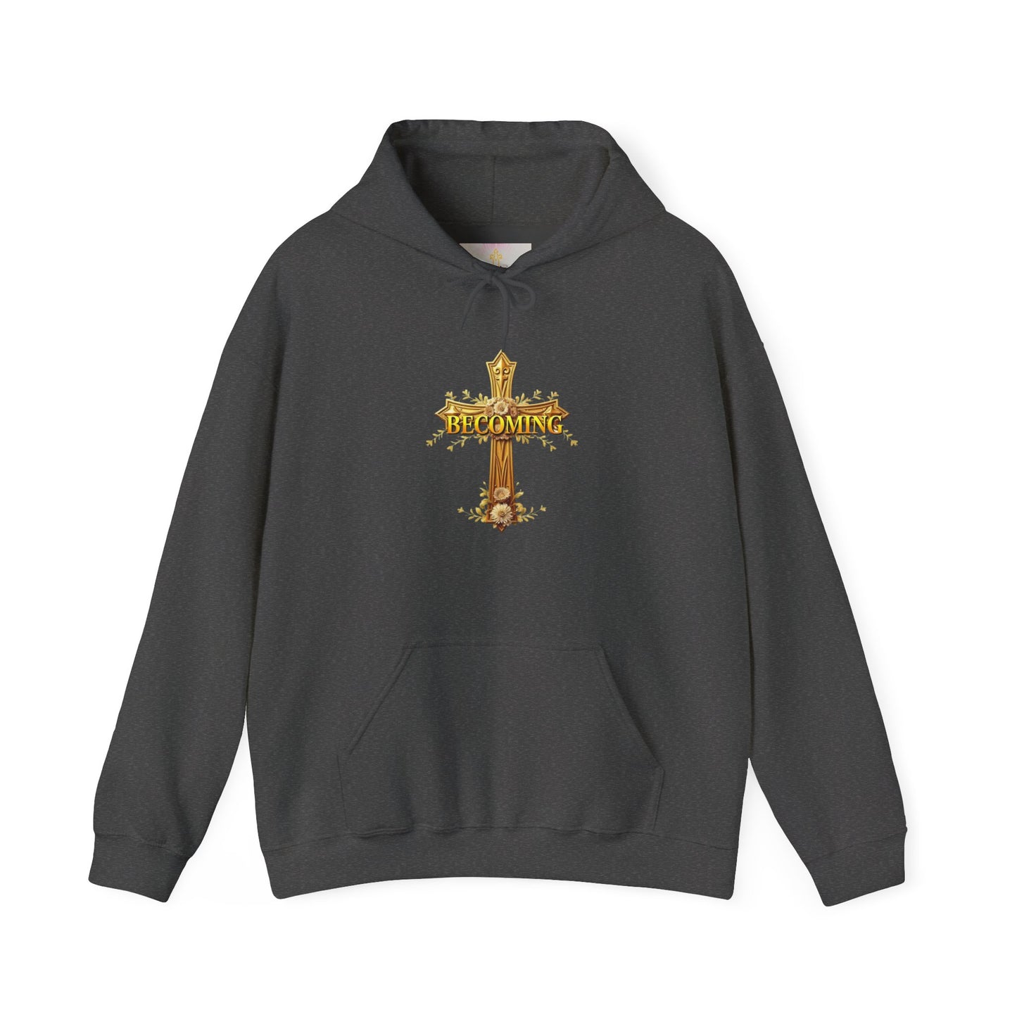 Becoming Women’s Faith Hoodie – Gold Cross Edition (1 Corinthians 15:49)