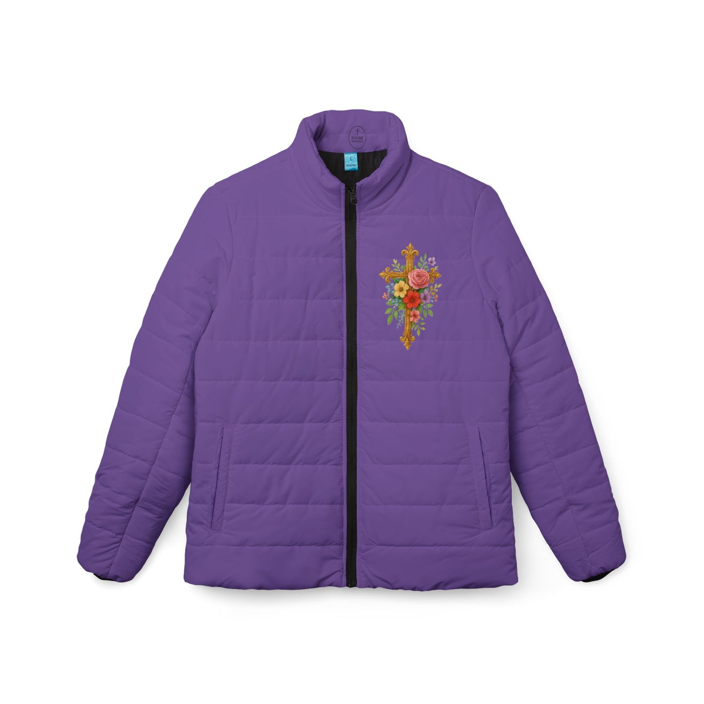 Blooming Faith Women’s Puffer Jacket in Mauve – Floral Cross Crest