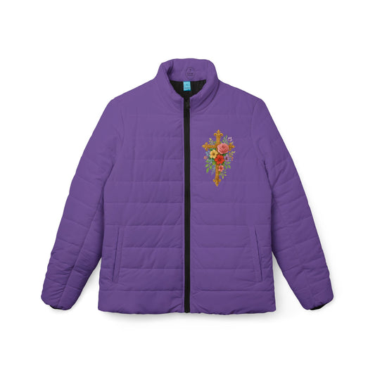 Blooming Faith Women’s Puffer Jacket in Mauve – Floral Cross Crest