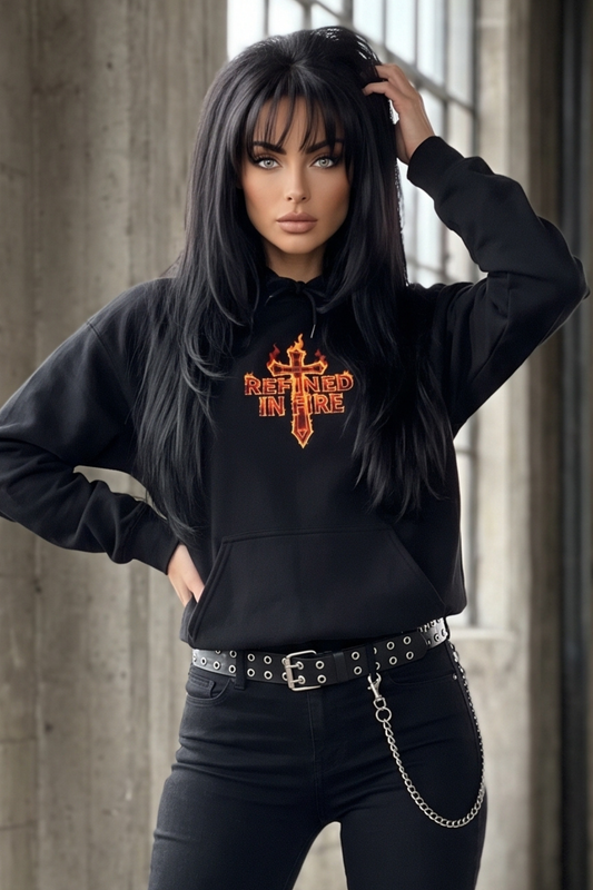 A woman modeling a black pullover hoodie with a red and orange gothic-style cross graphic on the chest that reads 'Refined in Fire'. She is wearing black jeans with a silver chain belt and posing in front of a concrete wall.