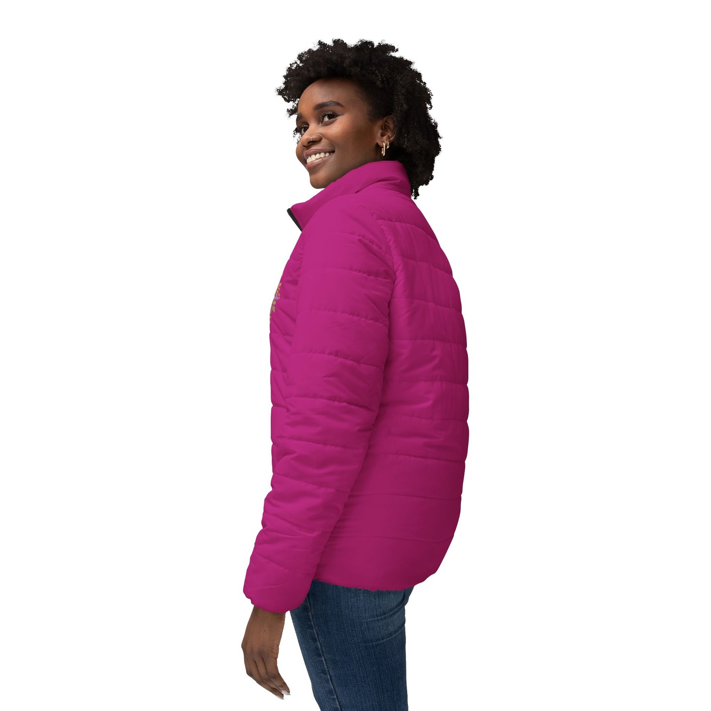 Blooming Faith Women’s Puffer Jacket in Fuchsia – Floral Cross Crest