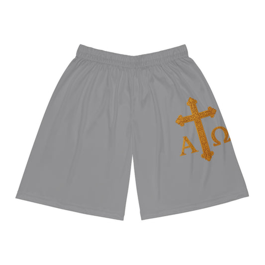 Men’s Alpha & Omega Basketball Shorts in Grey – Faith-Inspired Symbolism