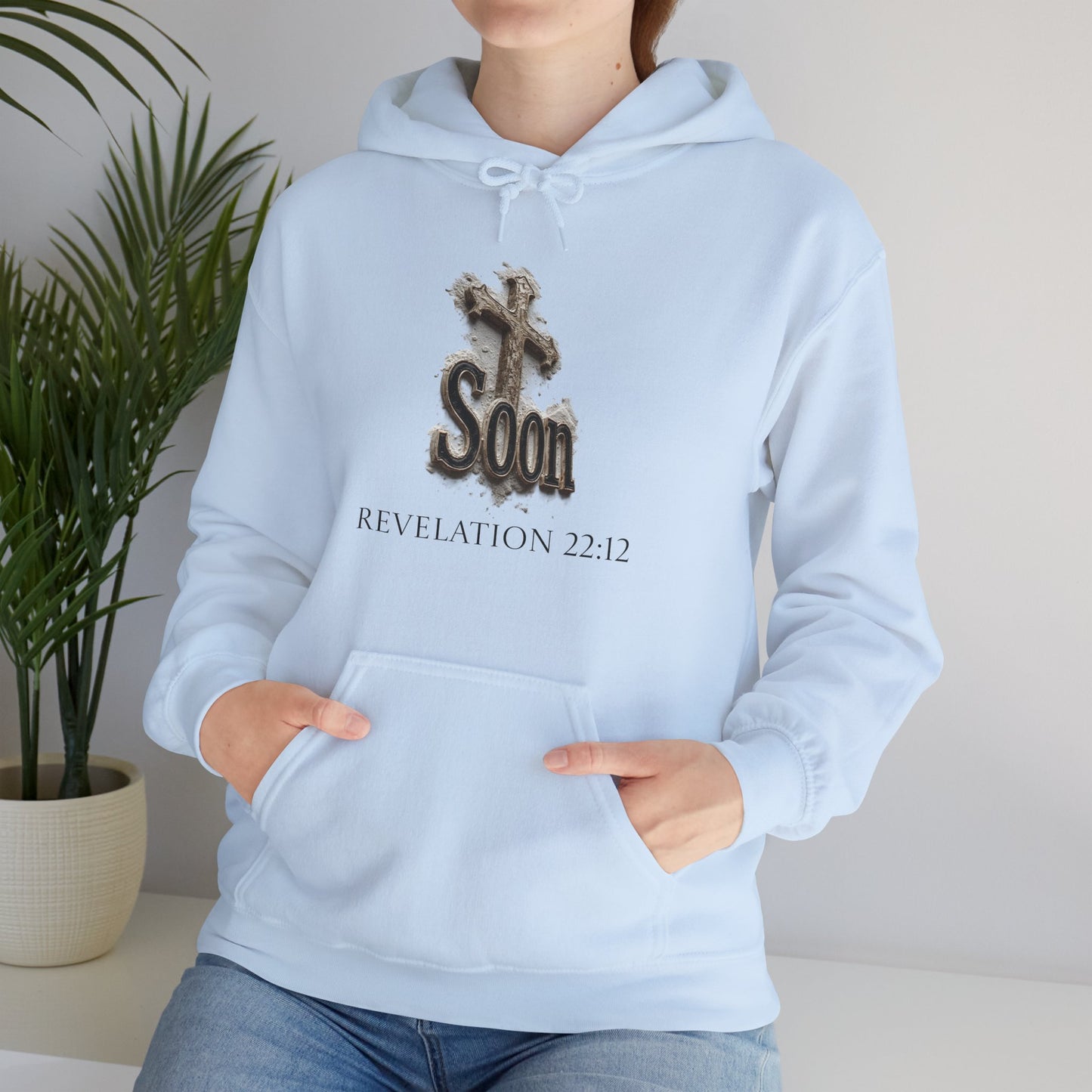 Christian Women’s Hoodie – Soon Cross Hoodie with Revelation 22:12 (Dark Lettering)