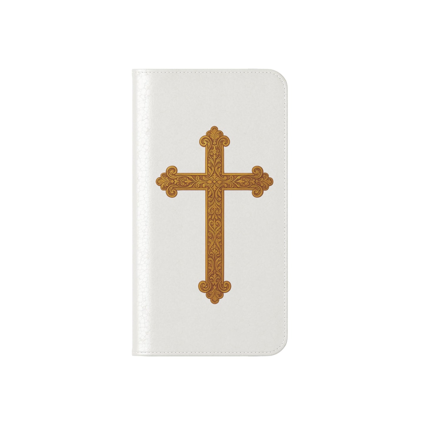 White Wallet Case – Gold Cross with 1 Corinthians 1:18 for iPhones