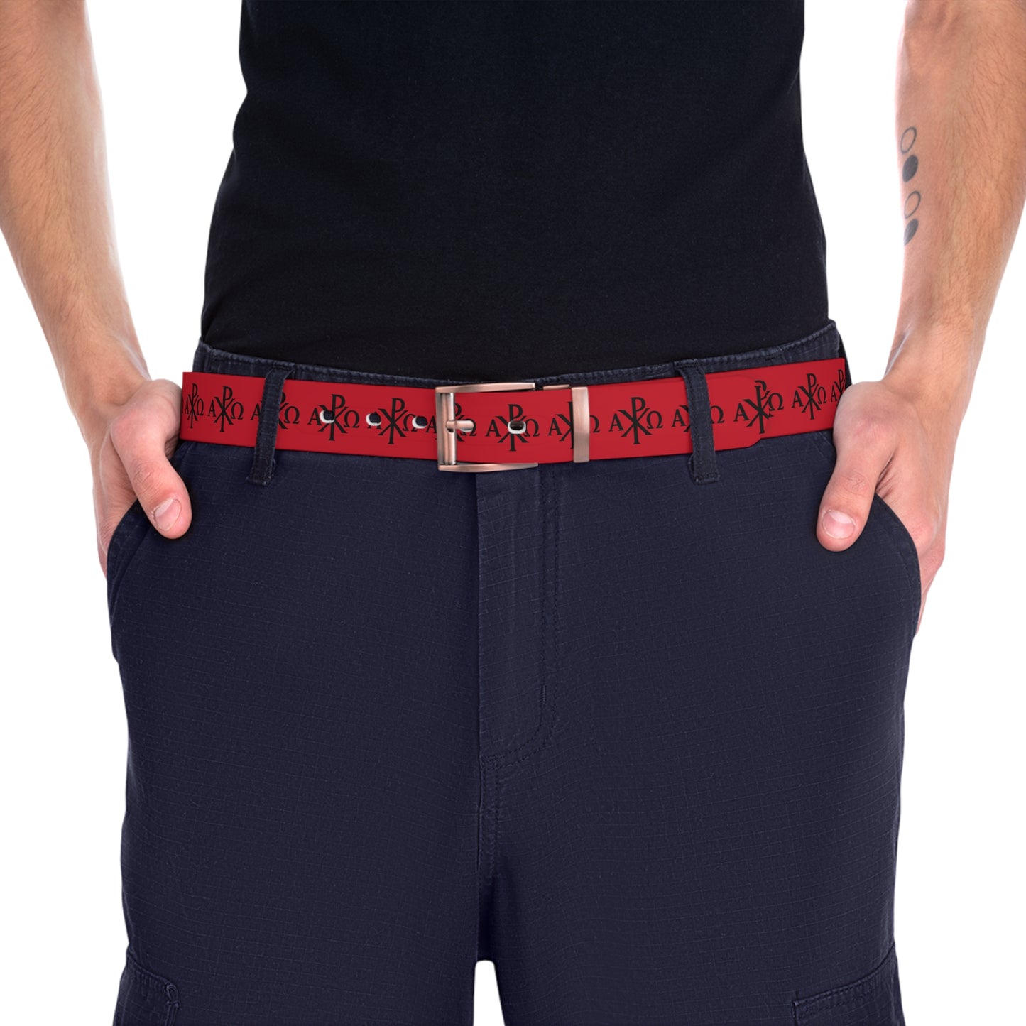 Eternal Order Belt in Red – Black Chi Rho with Alpha & Omega
