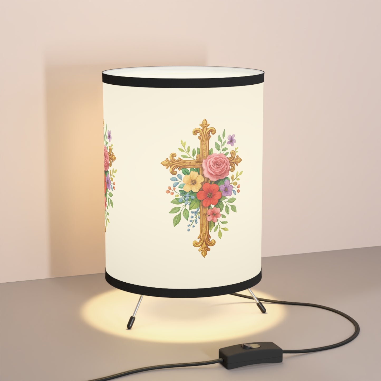 Light of Grace – Floral Cross Tripod Lamp for Faith-Filled Spaces