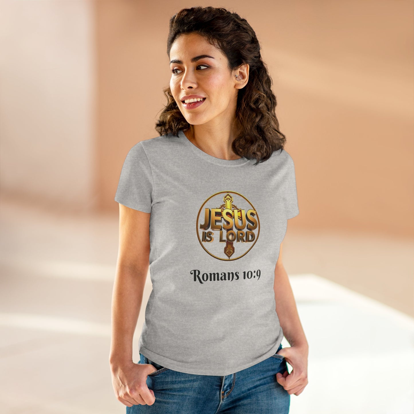 Women’s Romans 10:9 Christian T-Shirt – Jesus Is Lord & He Is Risen (Dark Lettering)