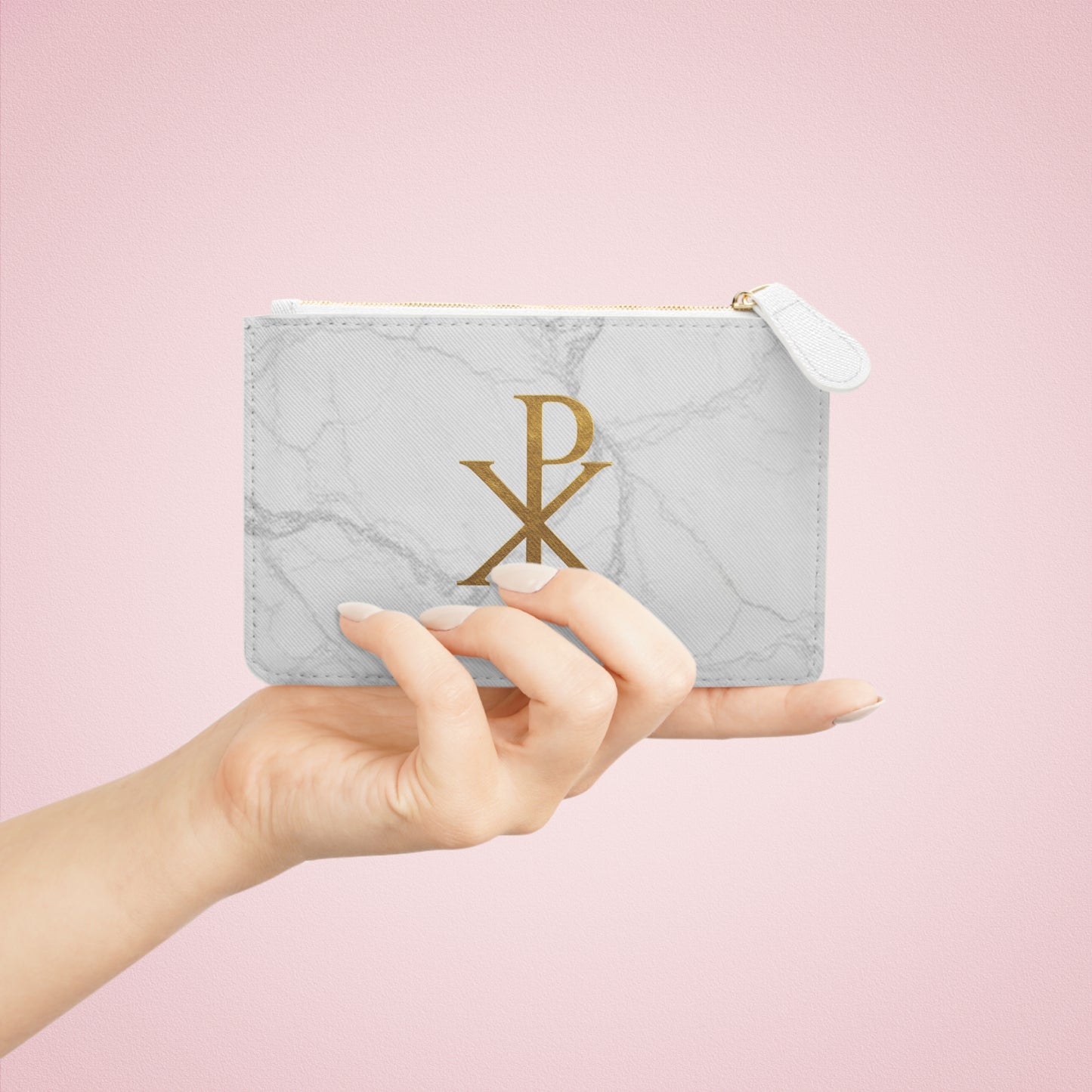 “Divine Seal” | Women’s Mini Clutch on Marble – Gold Chi Rho Elegance
