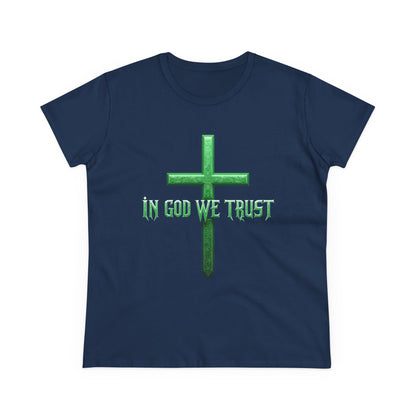 Faith Anchored – “In God We Trust” Women’s Christian Tee with Cross