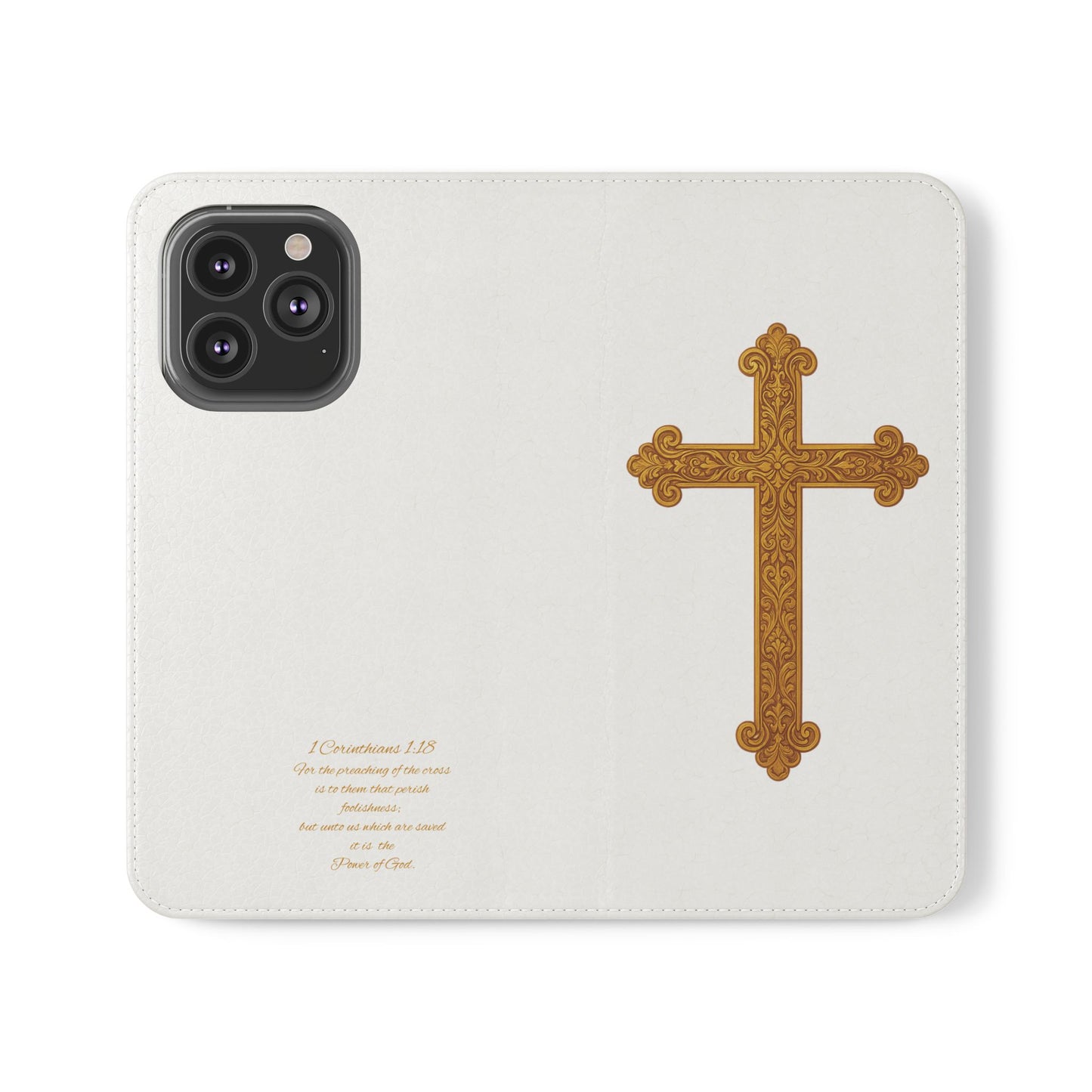 White Wallet Case – Gold Cross with 1 Corinthians 1:18 for iPhones