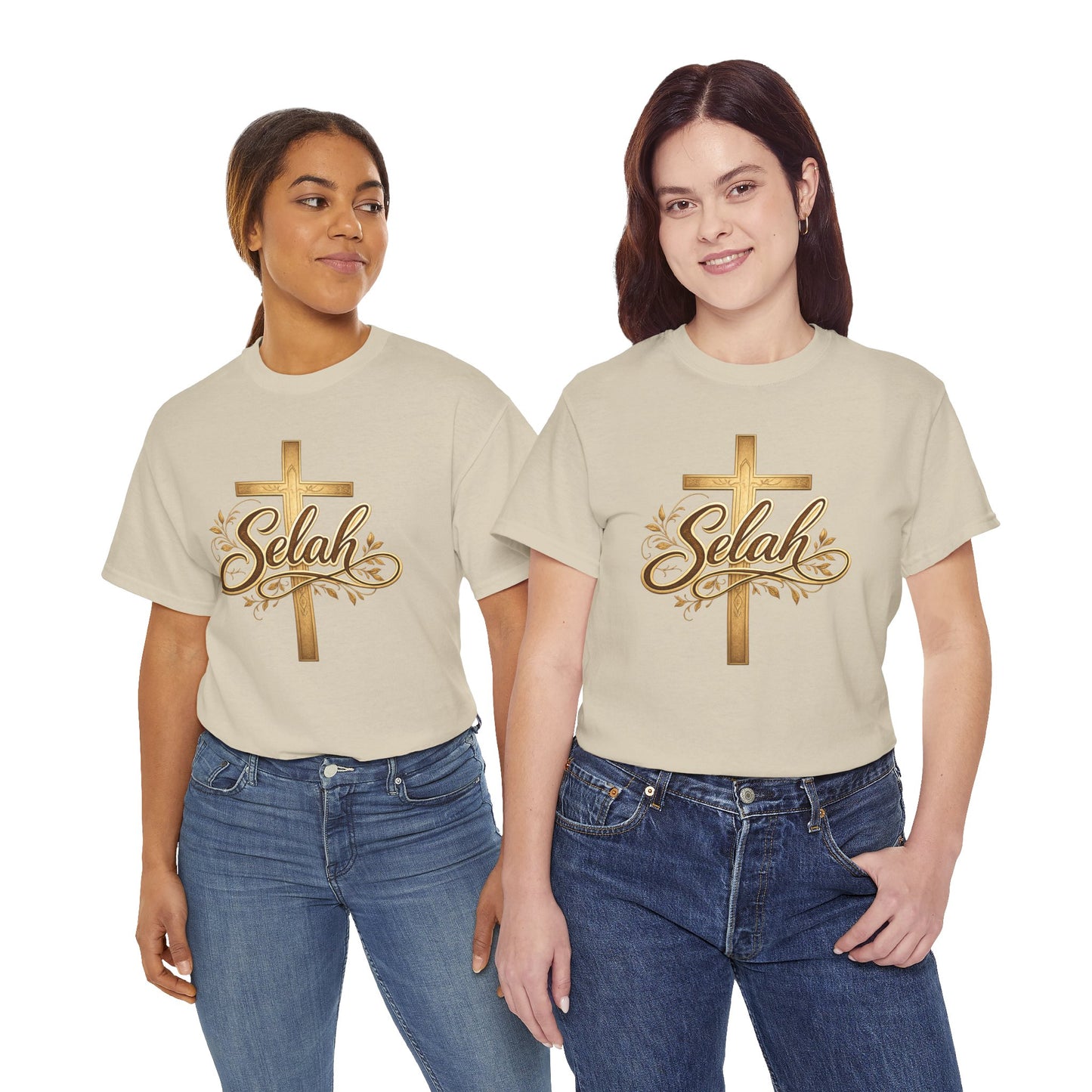 Selah Cross Tee — Women's Christian T‑Shirt with Gold Script