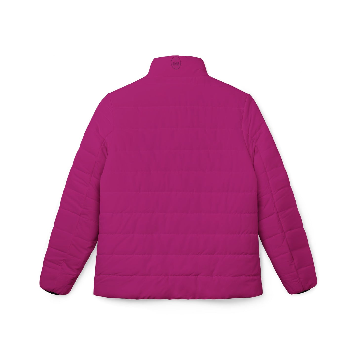 Blooming Faith Women’s Puffer Jacket in Fuchsia – Floral Cross Crest