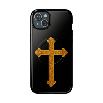 Gold Cross on Black Magnetic Tough Case for iPhone – Strength in Faith