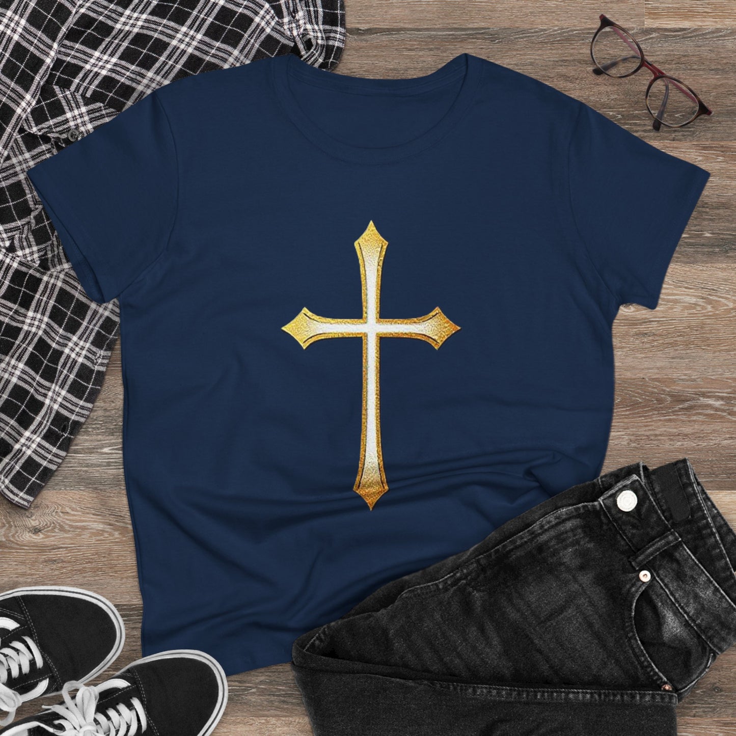 Women’s Gold Cross Tee – Christian Faith Shirt with Bold Cross Design