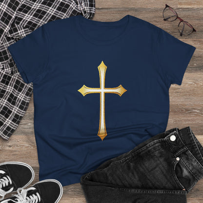 Women’s Gold Cross Tee – Christian Faith Shirt with Bold Cross Design