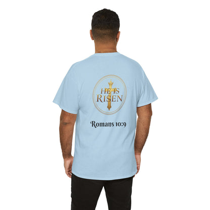 Men’s Romans 10:9 Christian T-Shirt – Jesus Is Lord & He Is Risen (Dark Lettering)