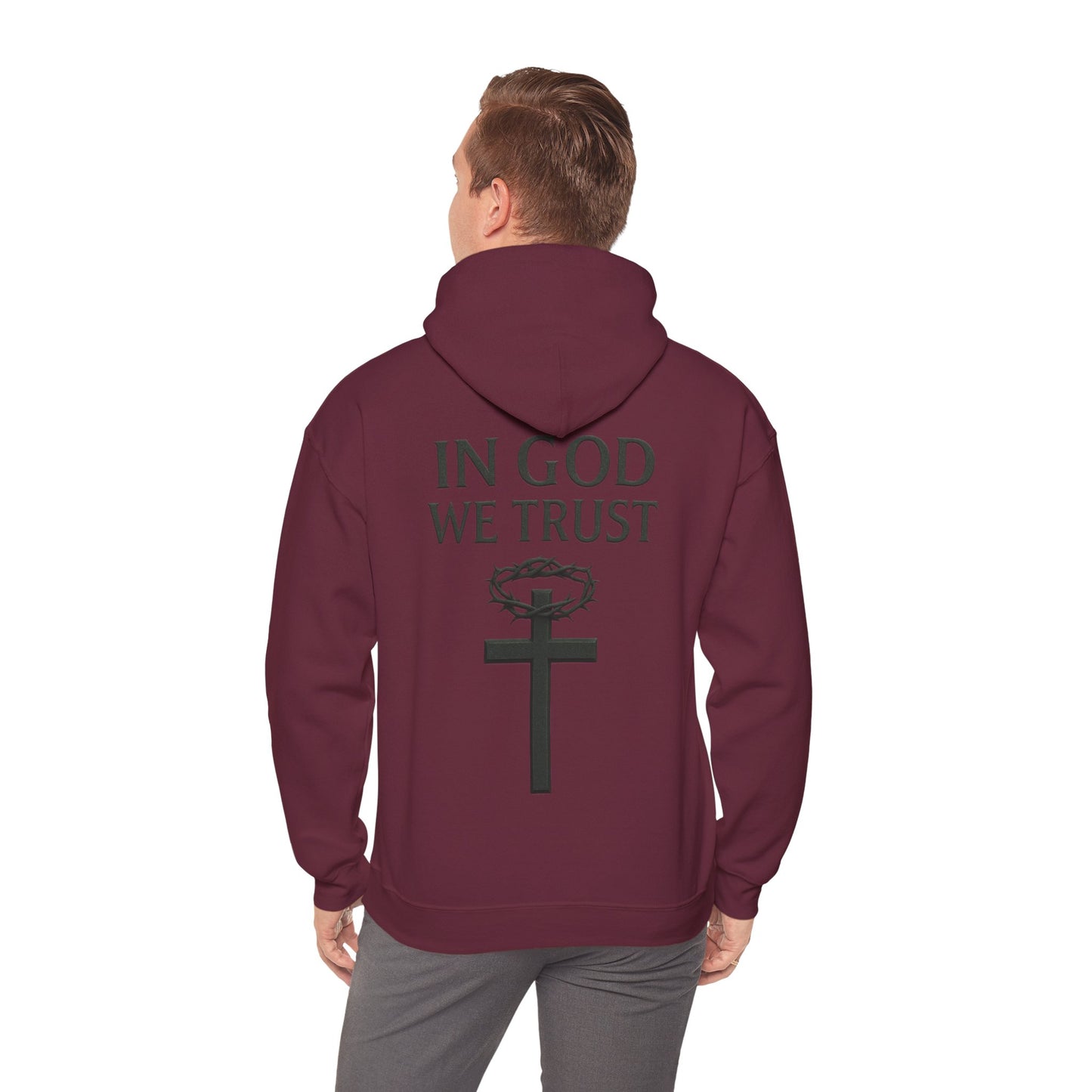 In God We Trust – Men’s Christian Hoodie with Cross & Crown of Thorns