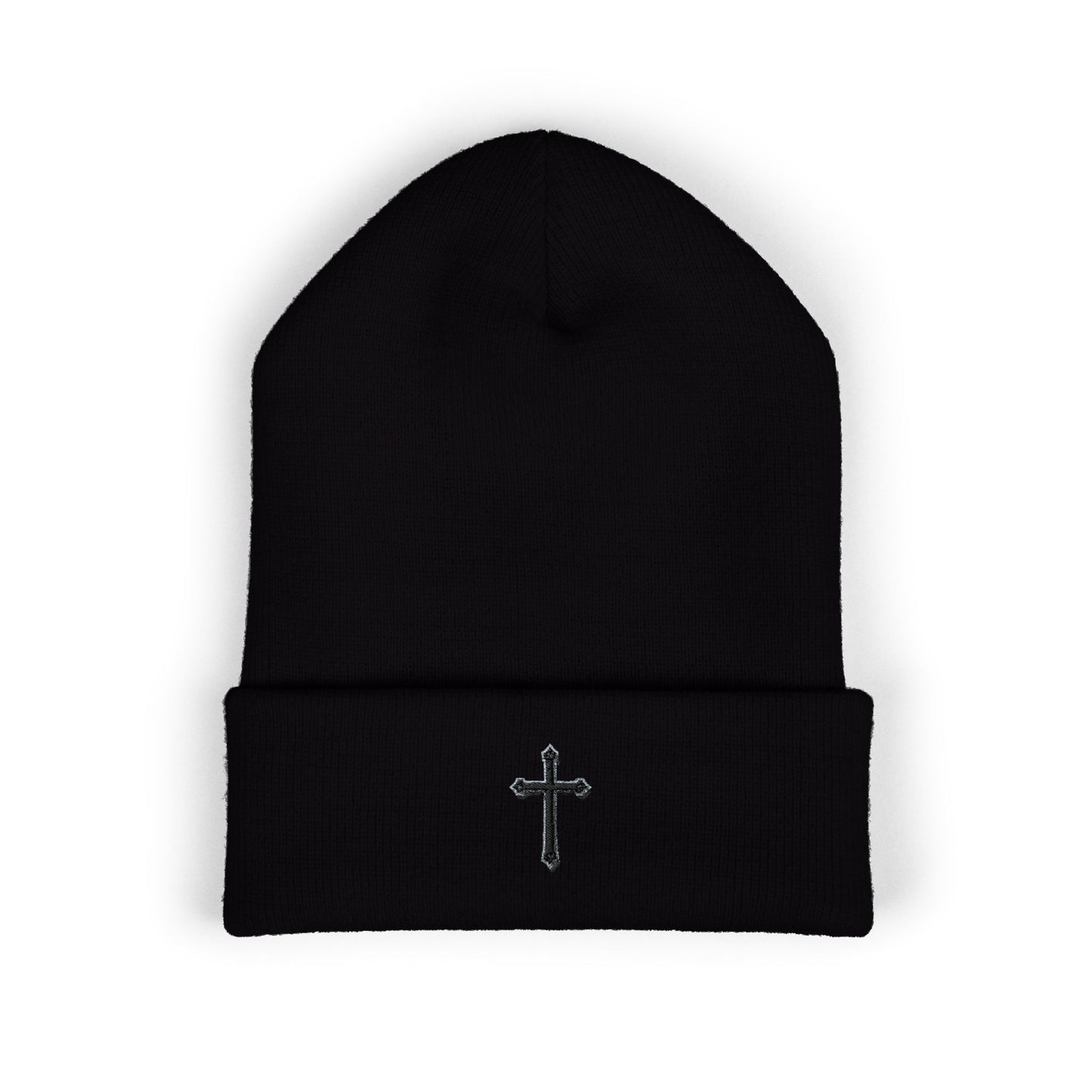 Shadowed Faith Cuffed Beanie – Black Embroidered Cross