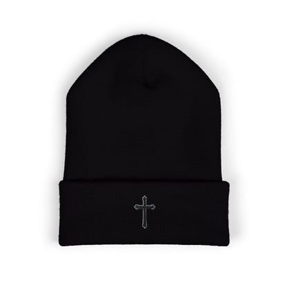 Shadowed Faith Cuffed Beanie – Black Embroidered Cross