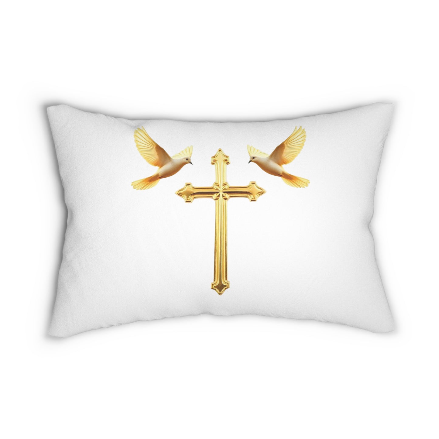 Divine Grace White Lumbar Pillow with Gold Cross & Doves
