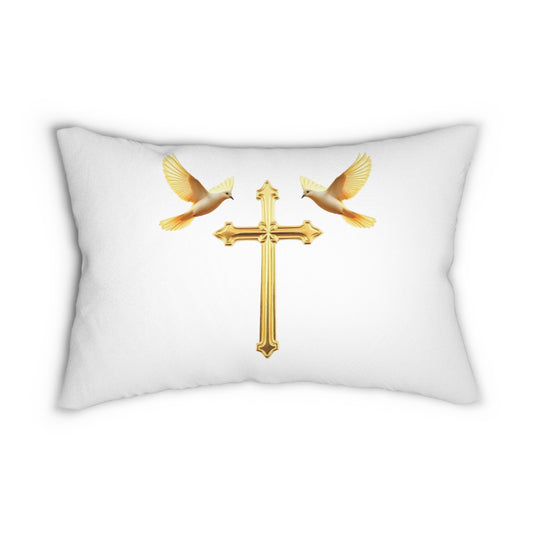 Divine Grace White Lumbar Pillow with Gold Cross & Doves