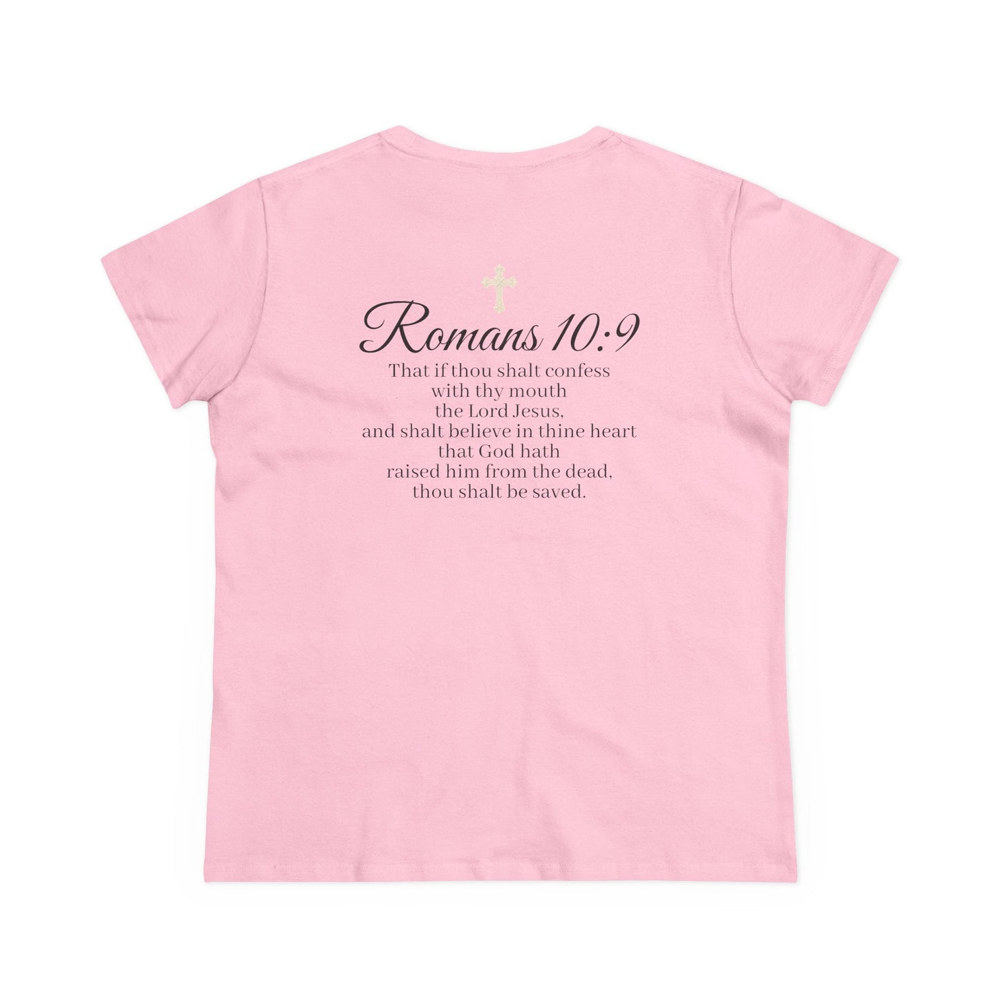 Believe – Women’s Christian Tee with Praying Hands & Romans 10:9