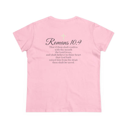 Believe – Women’s Christian Tee with Praying Hands & Romans 10:9