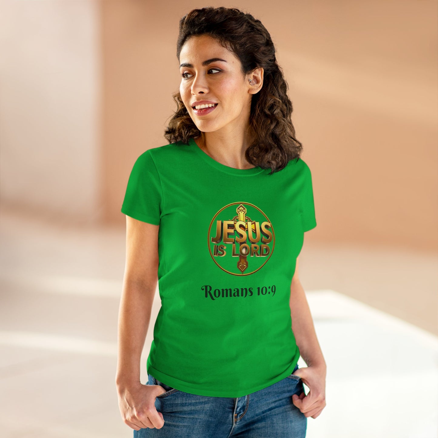 Women’s Romans 10:9 Christian T-Shirt – Jesus Is Lord & He Is Risen (Dark Lettering)