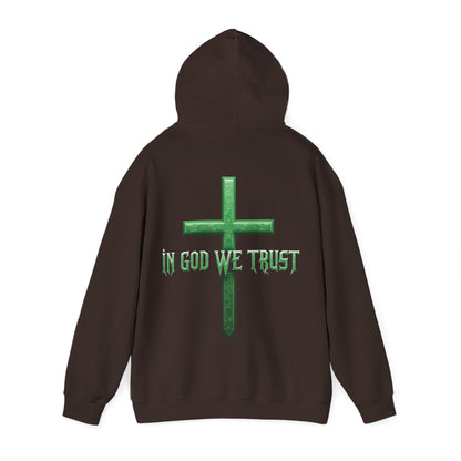 Sheltered in His Strength – Women’s “In God We Trust” Christian Hoodie with Cross