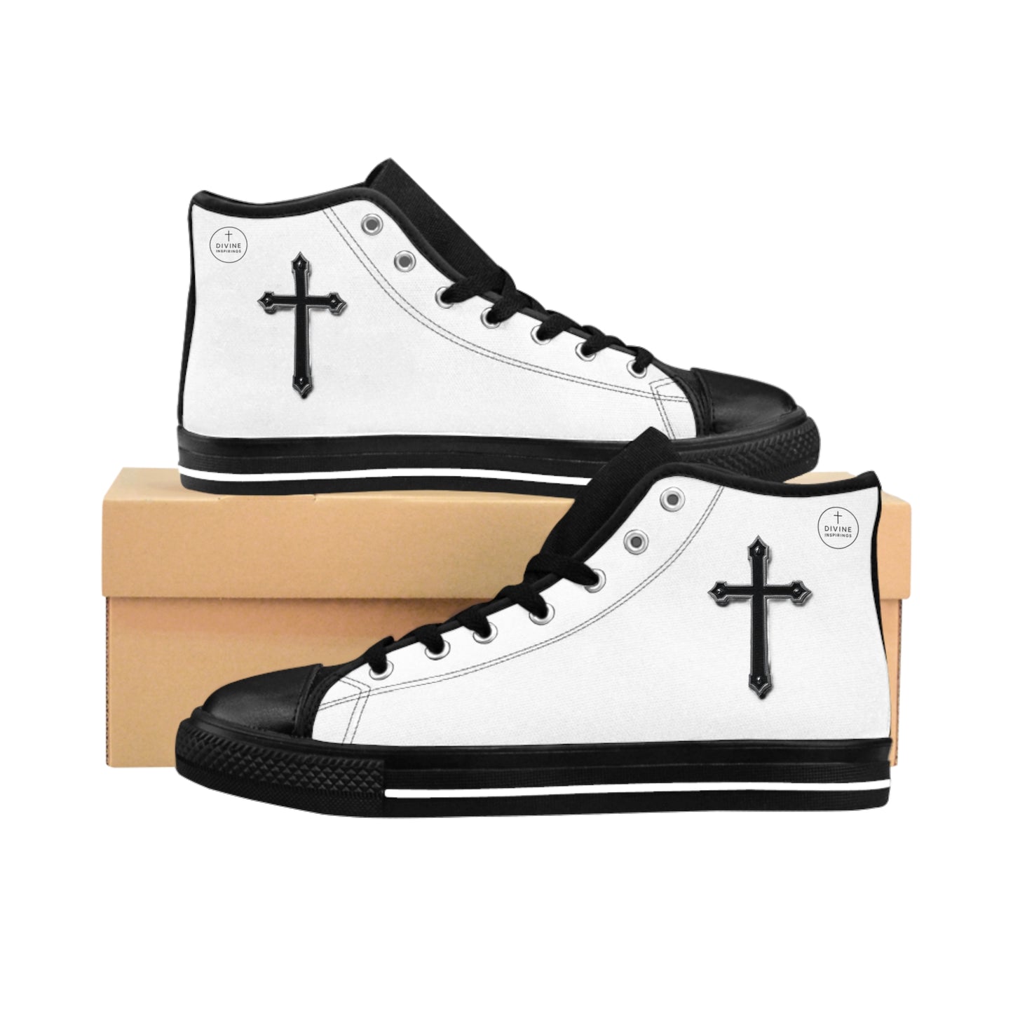 Faithful Stride Shadow – Men’s White High-Top Sneakers with Black Cross, Black Sole & Tongue