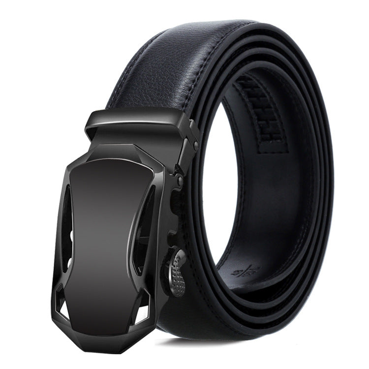 Black leather belt with a black buckle on a white background