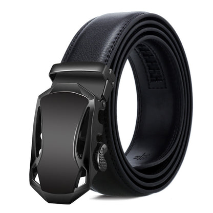 Black leather belt with a black buckle on a white background