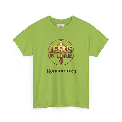 Men’s Romans 10:9 Christian T-Shirt – Jesus Is Lord & He Is Risen (Dark Lettering)