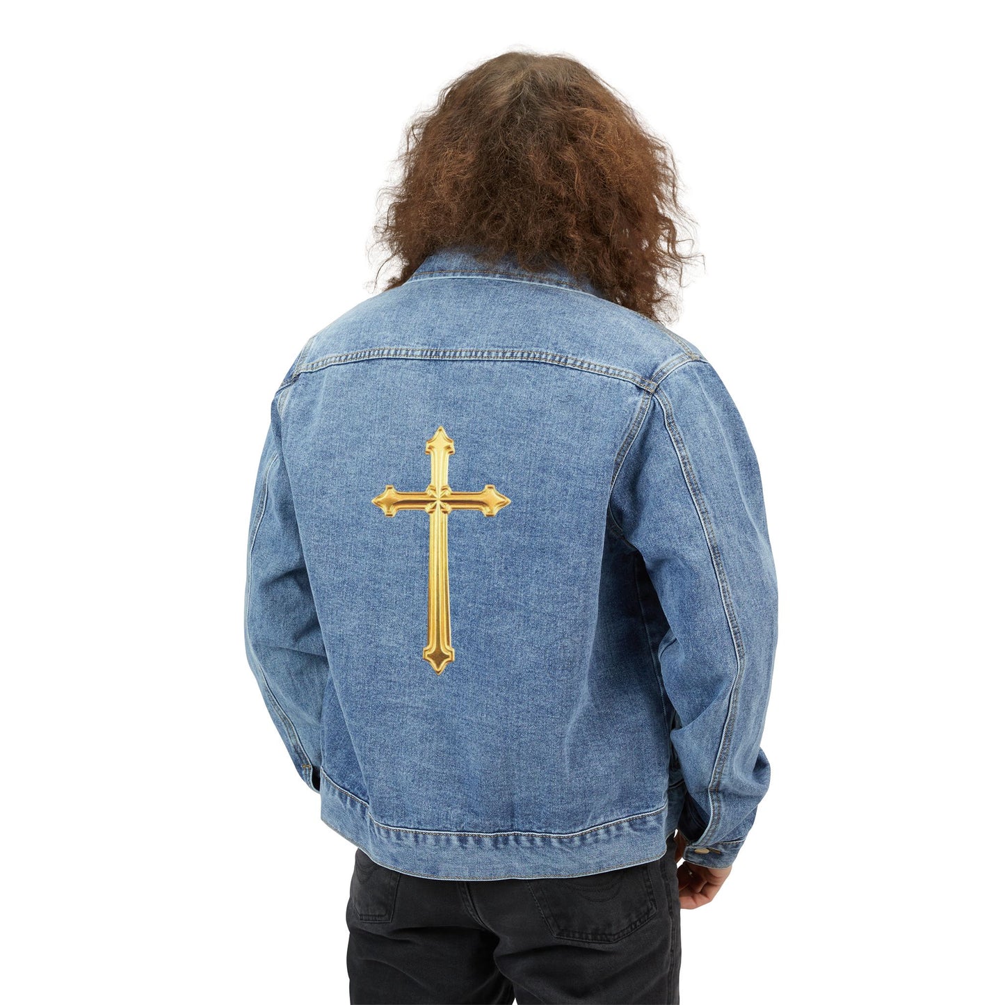 Golden Cross Denim Jacket – Strength in Glory