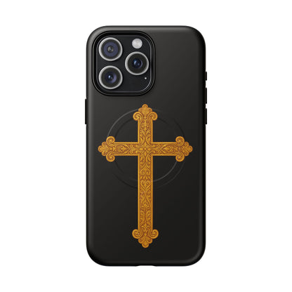 Gold Cross on Black Magnetic Tough Case for iPhone – Strength in Faith