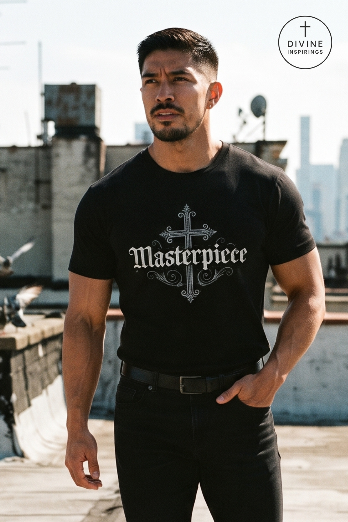 A muscular man wearing a black t-shirt with a gothic-style cross and the word 'Masterpiece' printed on the front, standing on a rooftop with a city skyline in the background. A circular 'DIVINE INSPIRINGS' logo is visible in the top right corner.