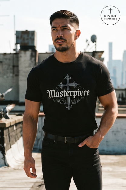 A muscular man wearing a black t-shirt with a gothic-style cross and the word 'Masterpiece' printed on the front, standing on a rooftop with a city skyline in the background. A circular 'DIVINE INSPIRINGS' logo is visible in the top right corner.