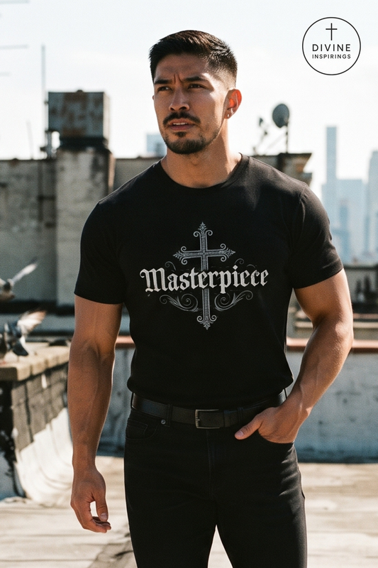 A muscular man wearing a black t-shirt with a gothic-style cross and the word 'Masterpiece' printed on the front, standing on a rooftop with a city skyline in the background. A circular 'DIVINE INSPIRINGS' logo is visible in the top right corner.