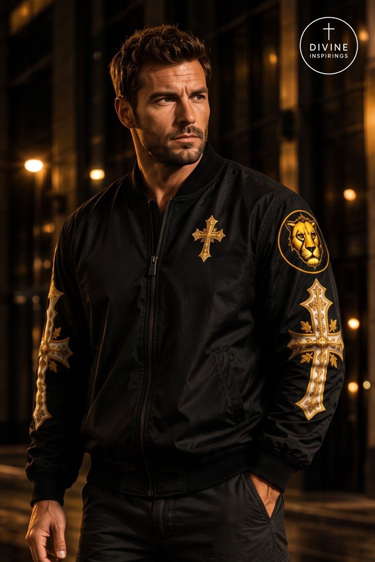A man wearing a black bomber jacket with gold cross and lion patch embellishments, photographed in a dark urban setting at night. The Divine Inspirings brand logo is visible in the top right corner.