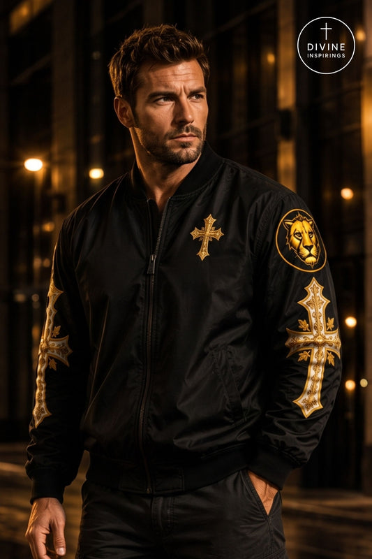 A man wearing a black bomber jacket with gold cross and lion patch embellishments, photographed in a dark urban setting at night. The Divine Inspirings brand logo is visible in the top right corner.
